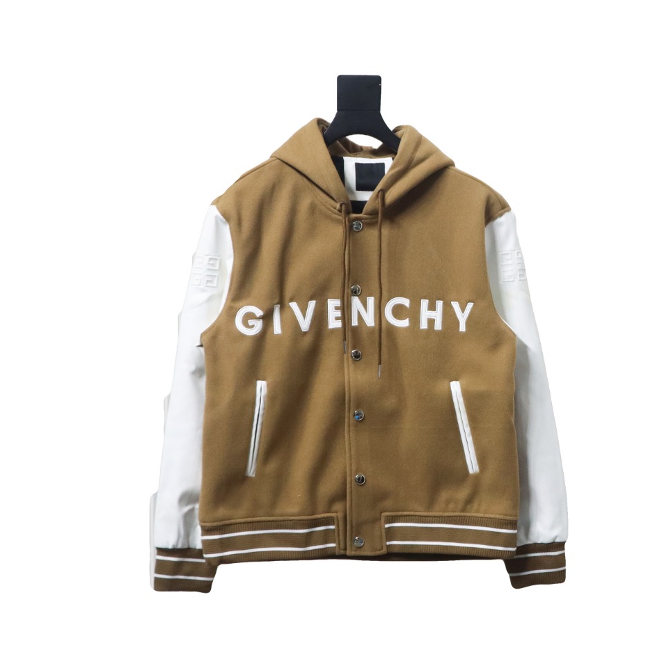 Givenchy Three-Dimensional Patchwork Sleeve Hooded Baseball Jacket Brown