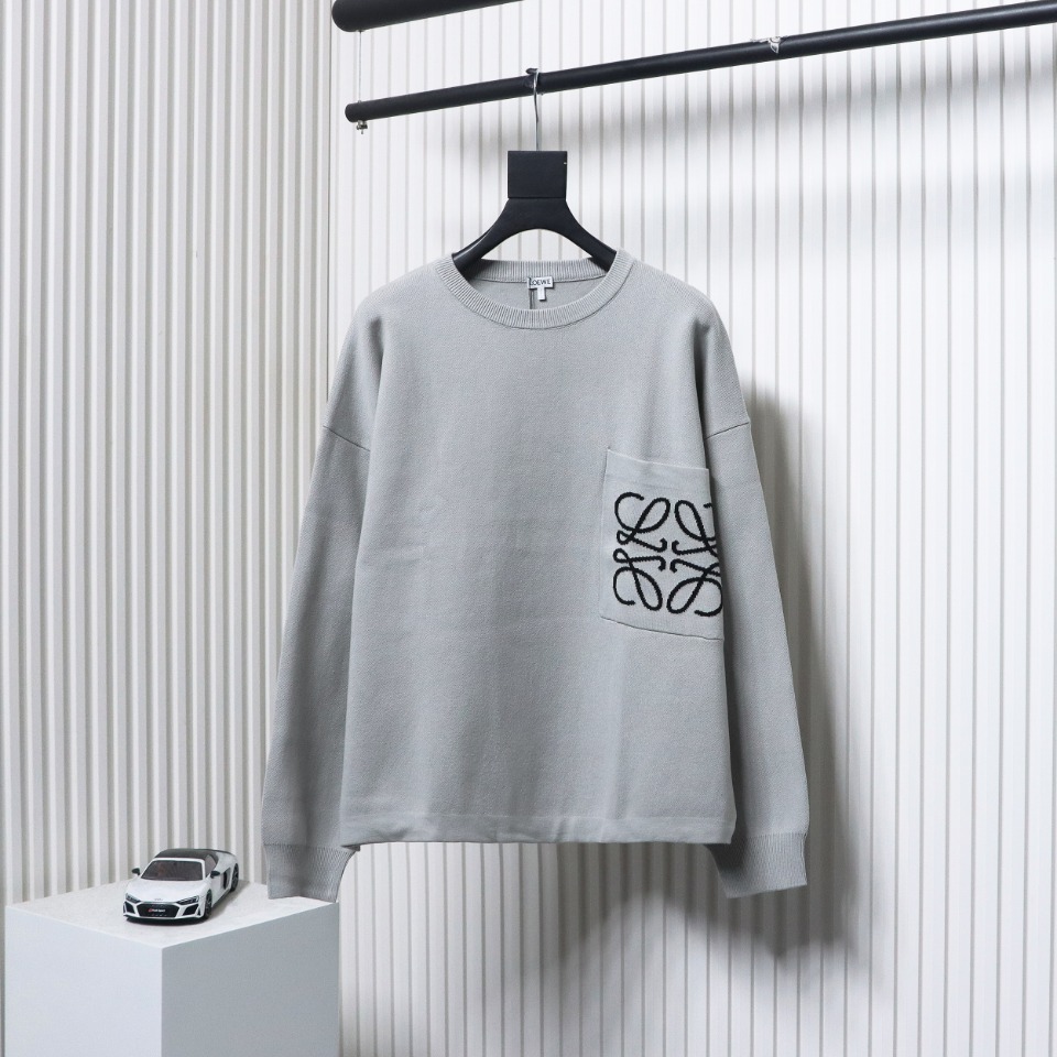 Loewe 24Fw Pocket Floral Jacquard Crew Neck Sweater Grey