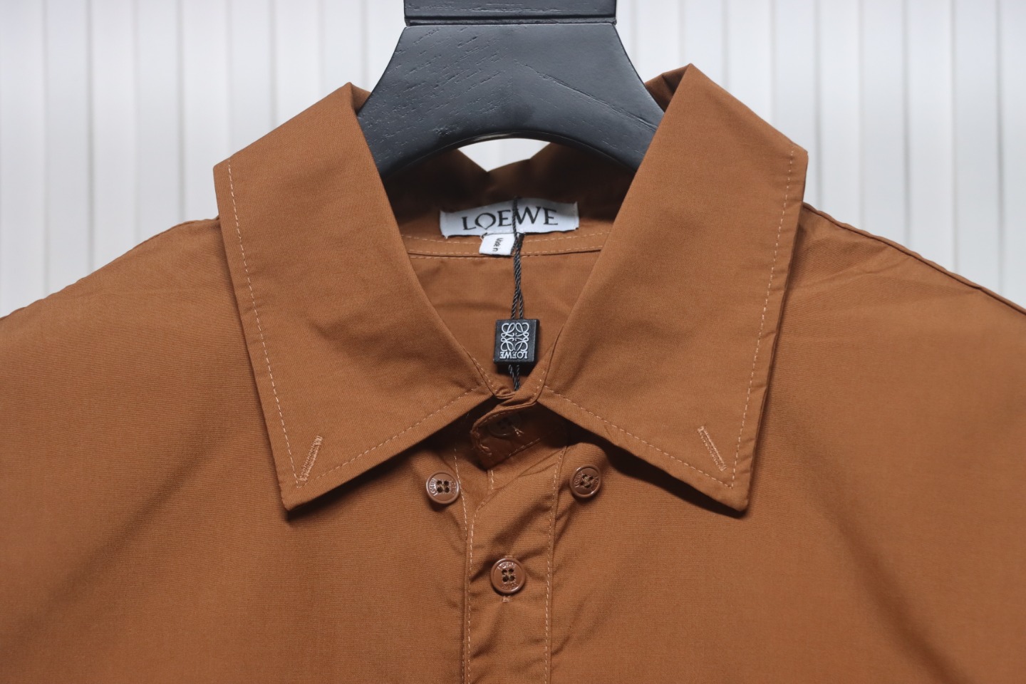 Loewe Double Sleeve Embroidered Logo Leather Shirt Brown