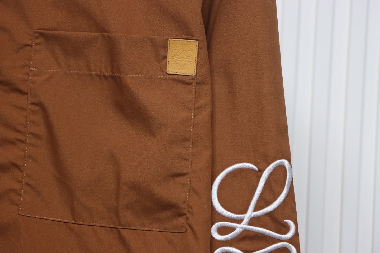 Loewe Double Sleeve Embroidered Logo Leather Shirt Brown