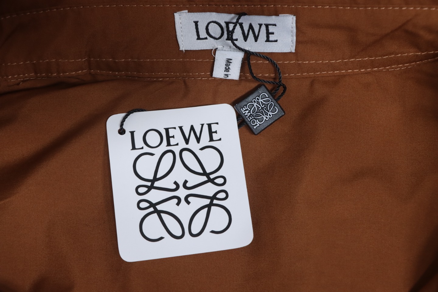 Loewe Double Sleeve Embroidered Logo Leather Shirt Brown