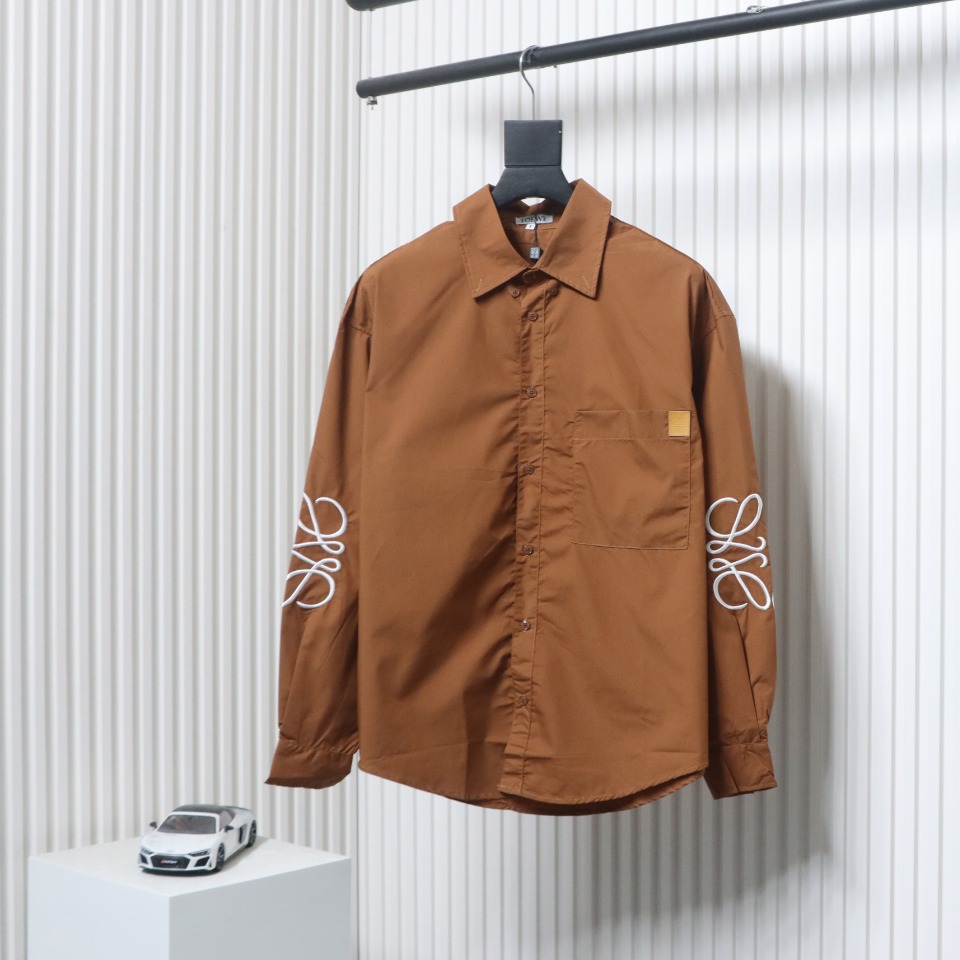 Loewe Double Sleeve Embroidered Logo Leather Shirt Brown