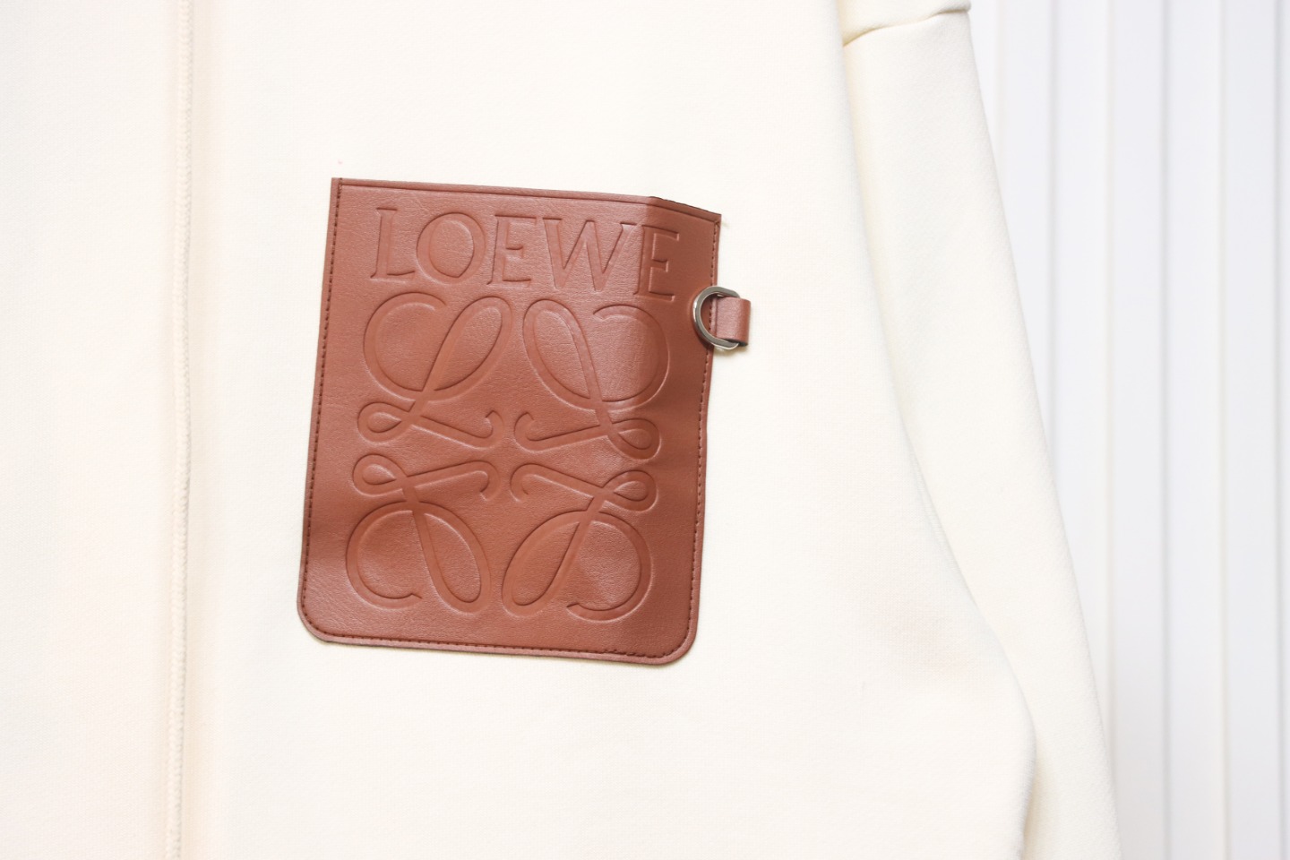 Loewe Embossed Logo Leather Pocket Hooded Hoodie Beige
