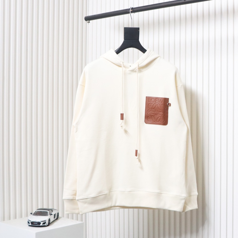 Loewe Embossed Logo Leather Pocket Hooded Hoodie Beige