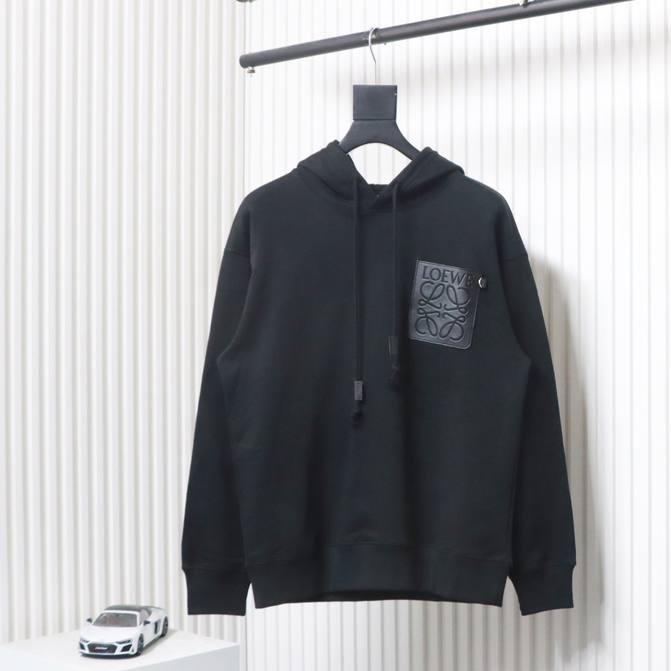 Loewe Embossed Logo Leather Pocket Hooded Hoodie Black