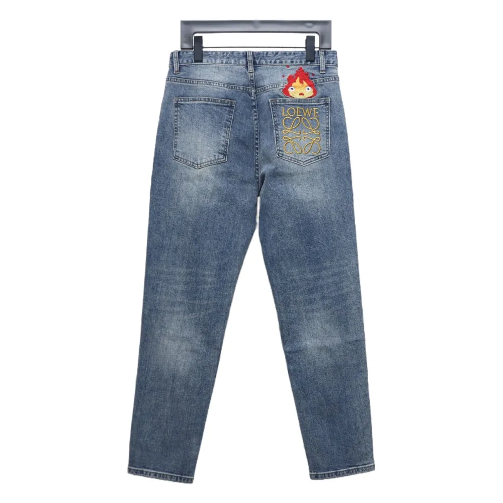 Loewe Jeans With Flame Embroidery And Logo On The Back Blue