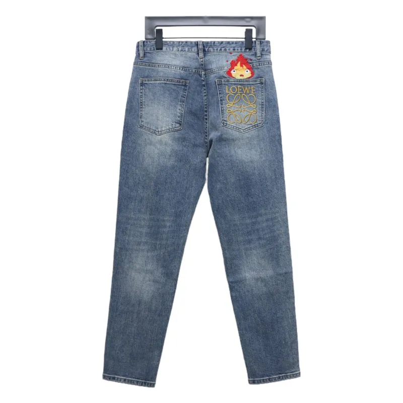 Loewe Jeans With Flame Embroidery And Logo On The Back Blue
