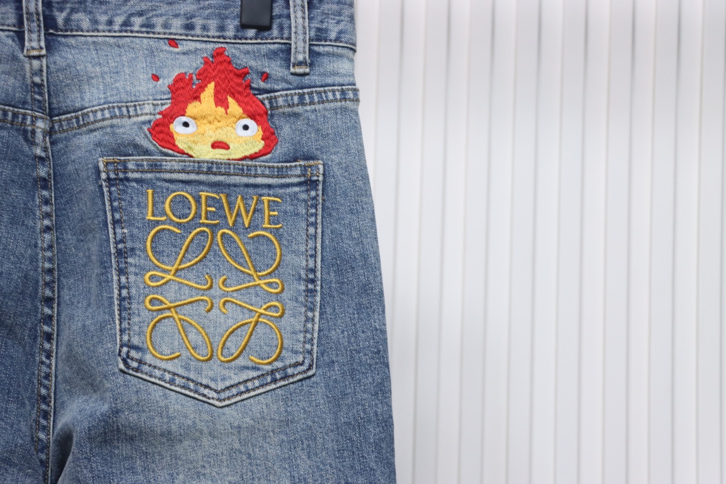 Loewe Jeans With Flame Embroidery And Logo On The Back Blue