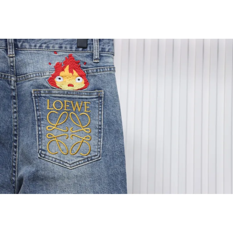 Loewe Jeans With Flame Embroidery And Logo On The Back Blue