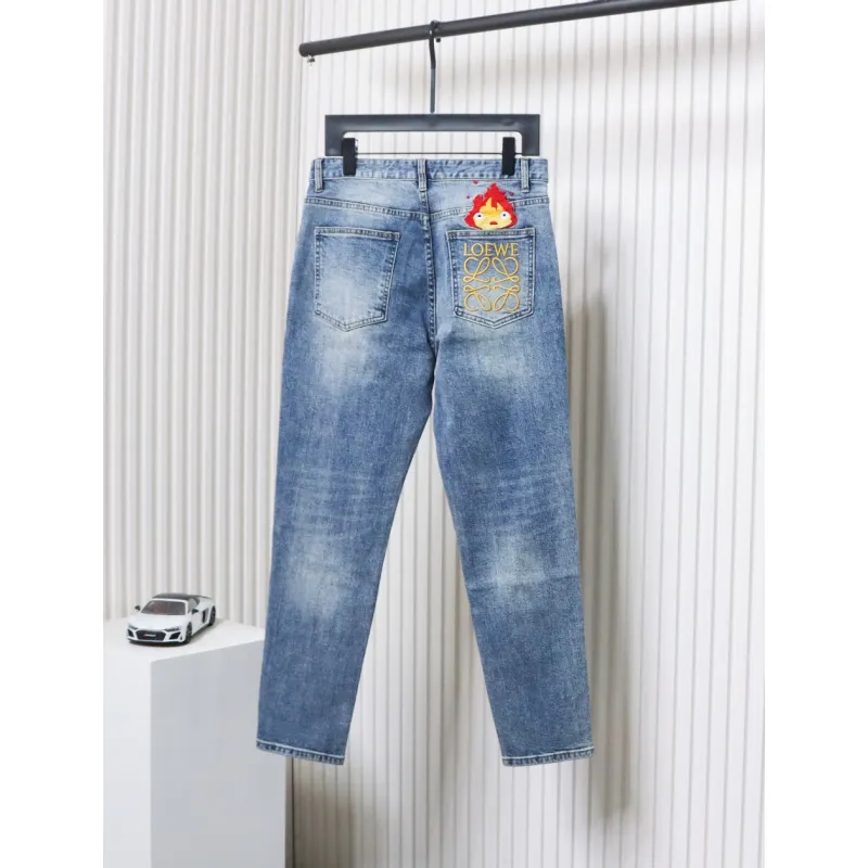 Loewe Jeans With Flame Embroidery And Logo On The Back Blue