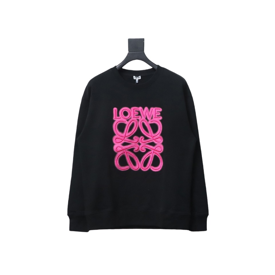 Loewe Neon Embroidery Fluorescent Pink Crew Neck Hoodie Black