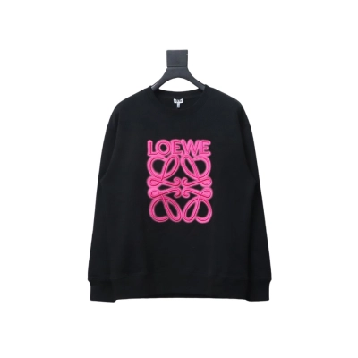 Loewe Neon Embroidery Fluorescent Pink Crew Neck Hoodie Black 01