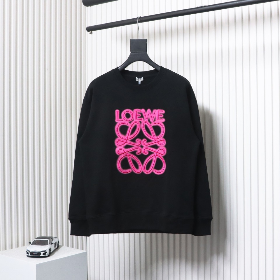 Loewe Neon Embroidery Fluorescent Pink Crew Neck Hoodie Black