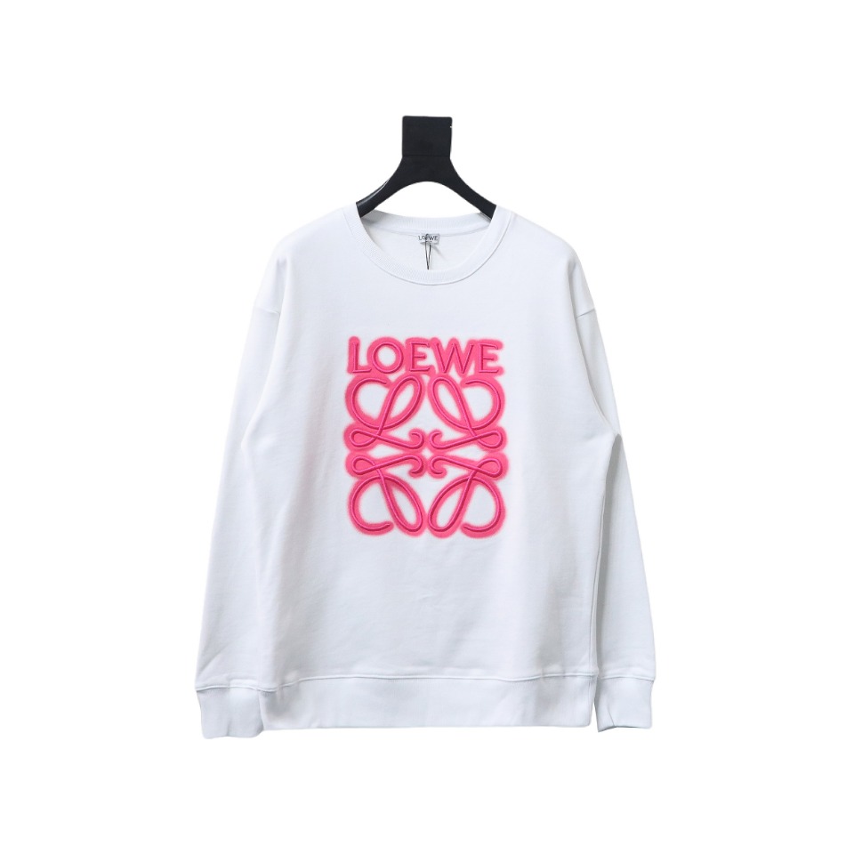 Loewe Neon Embroidery Fluorescent Pink Crew Neck Hoodie White