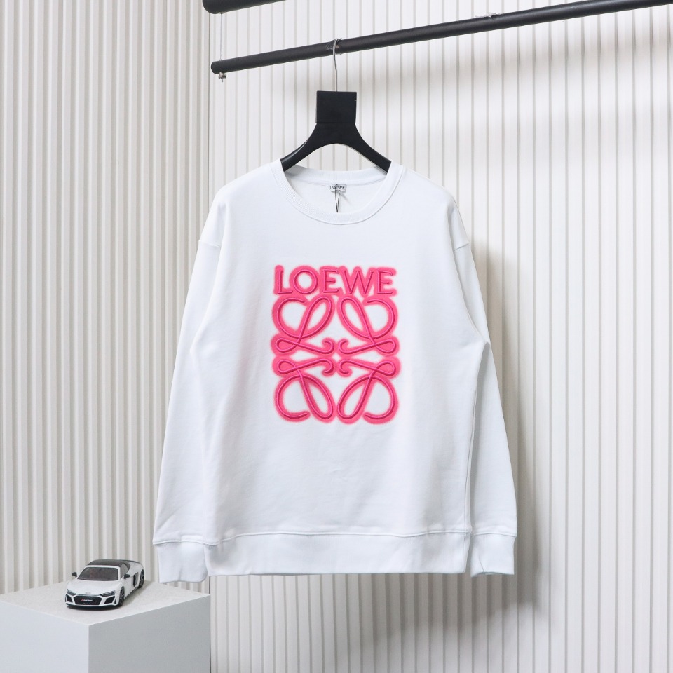 Loewe Neon Embroidery Fluorescent Pink Crew Neck Hoodie White