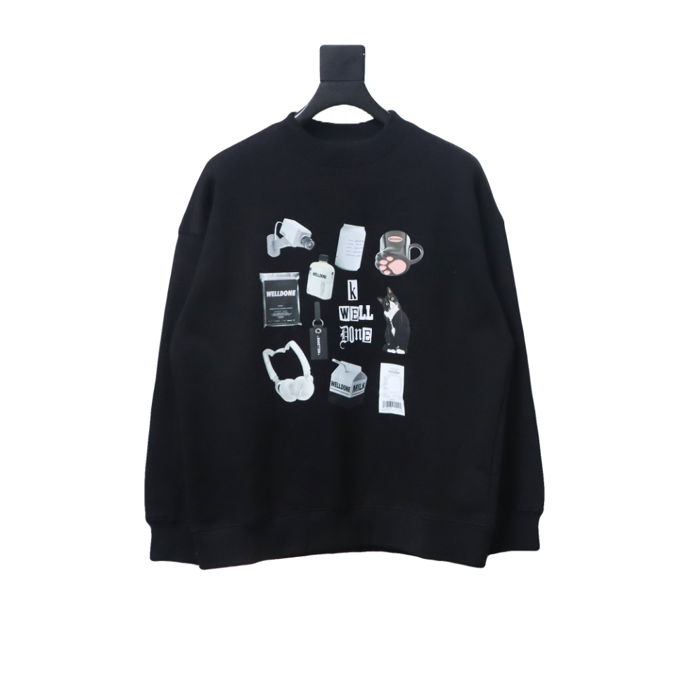 We11 Done 24FW Cup Kitten Crew Neck Hoodie Black