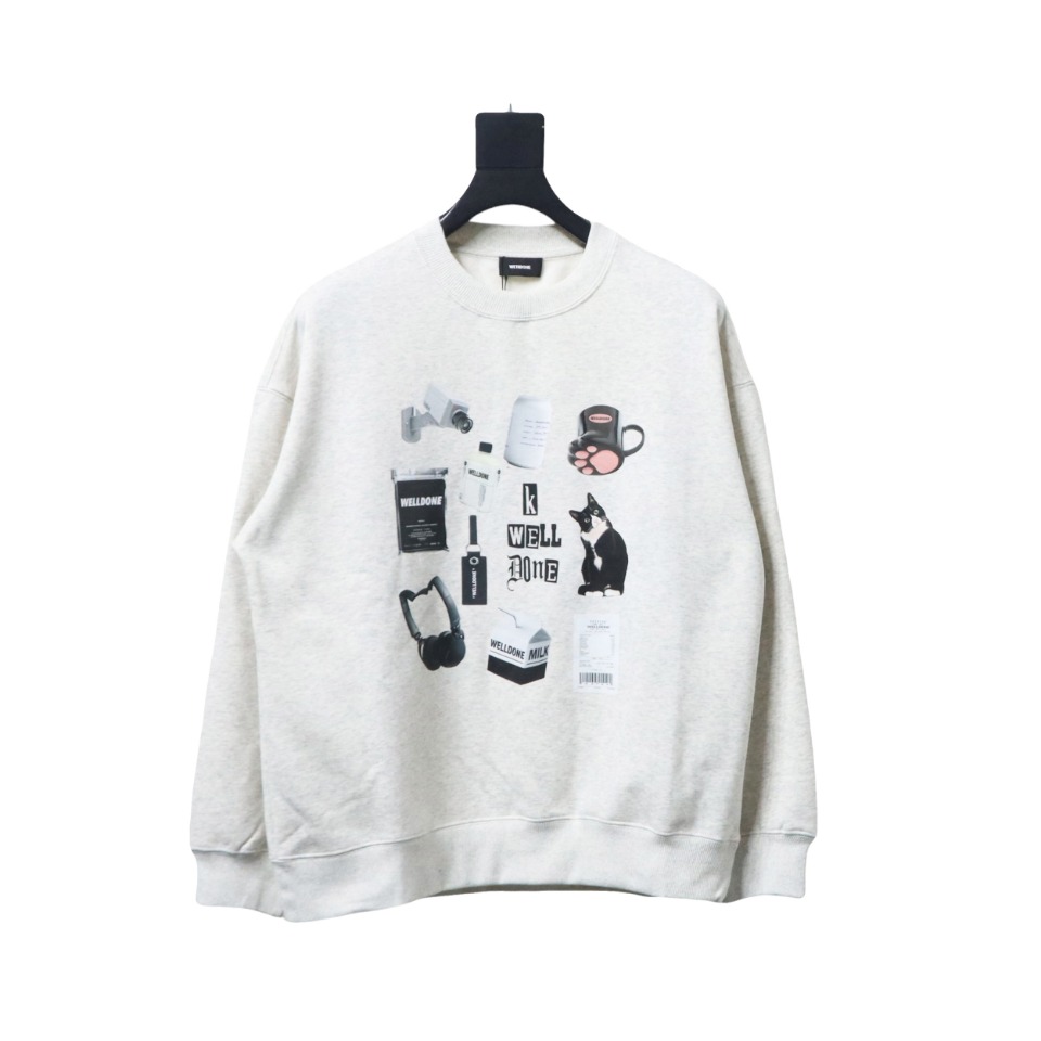 We11 Done 24FW Cup Kitten Crew Neck Hoodie Light Grey