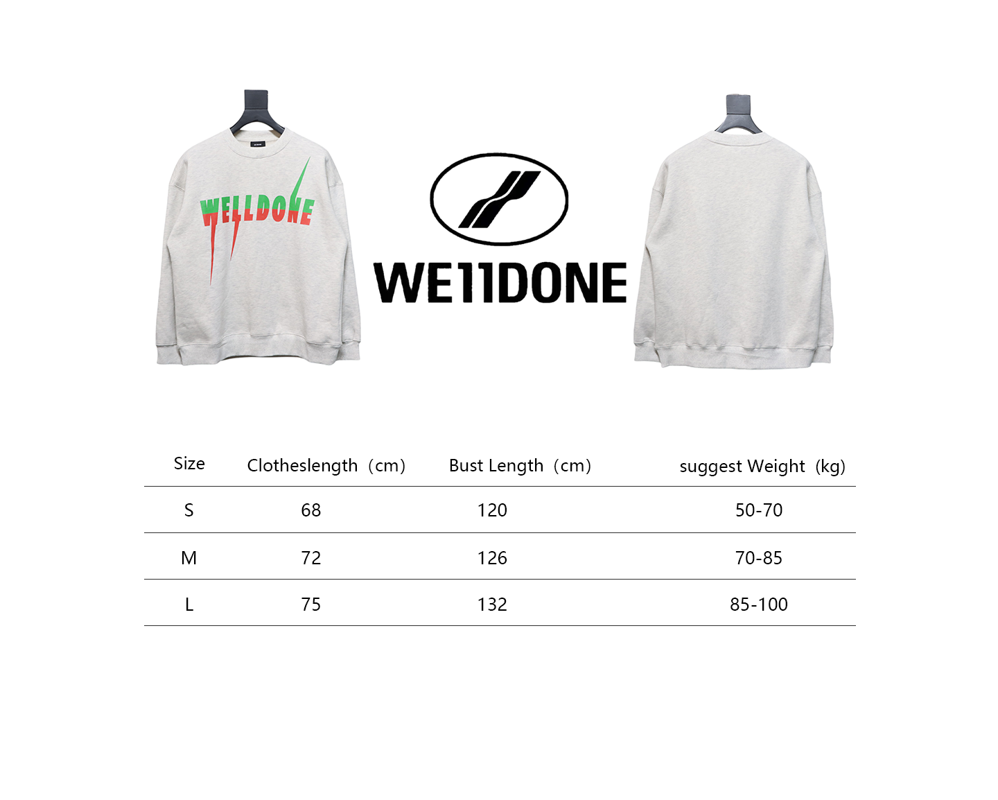 We11 Done 24FW Lightning Letters Crewneck Hoodie Light Grey