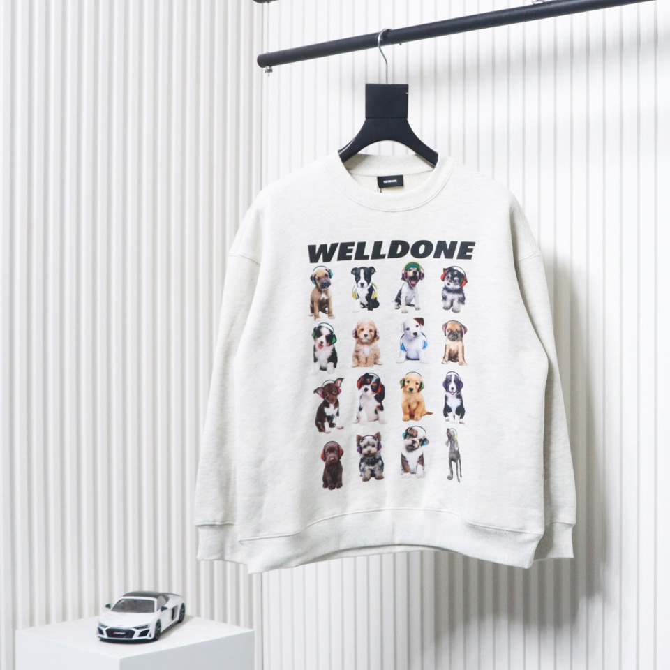 We11 Done 24FW Square Puppy Crew Neck Hoodie Light Grey