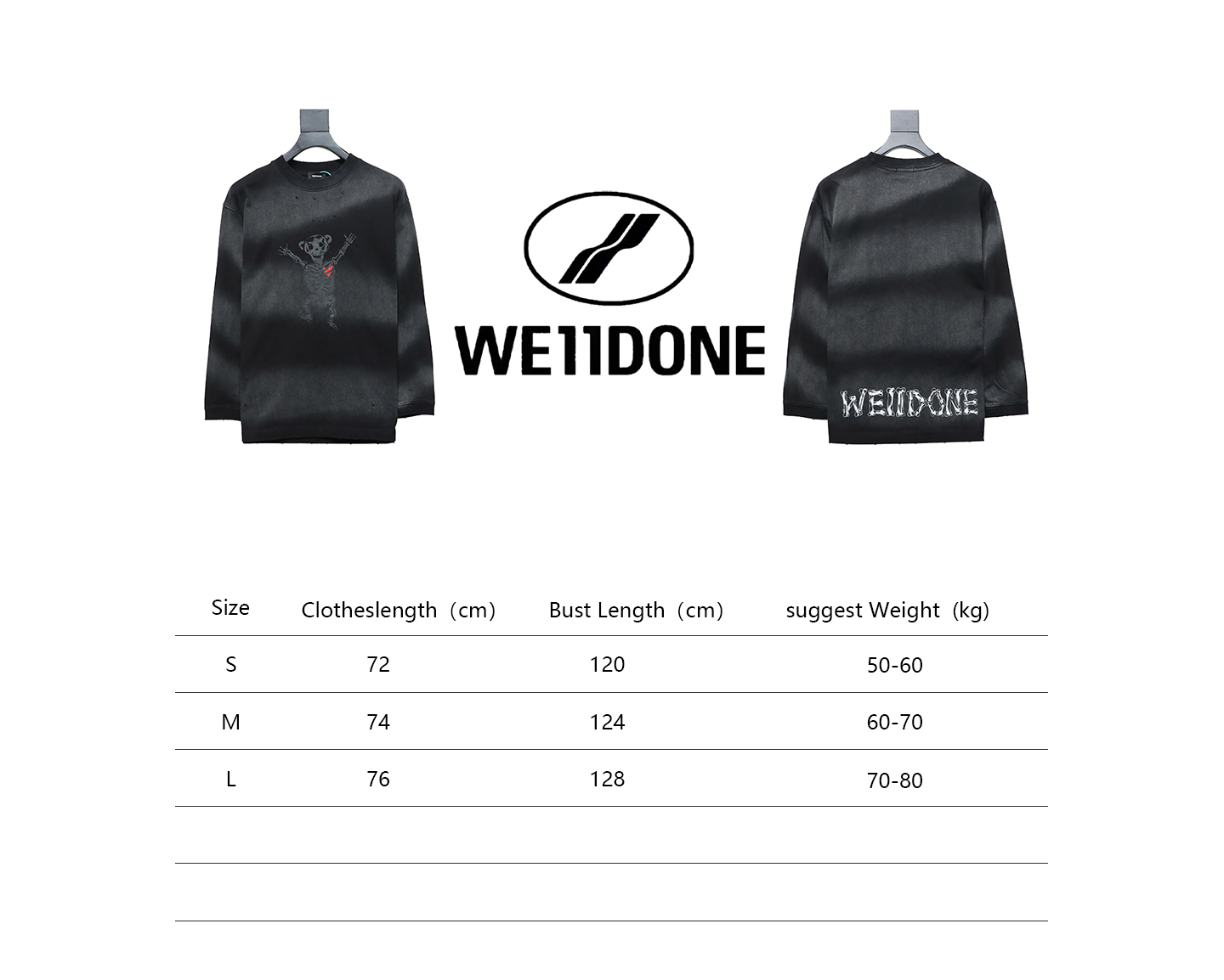 We11 Done 24SS Cute Love Skull Gradient Print Couple Long-Sleeved T-shirt Black