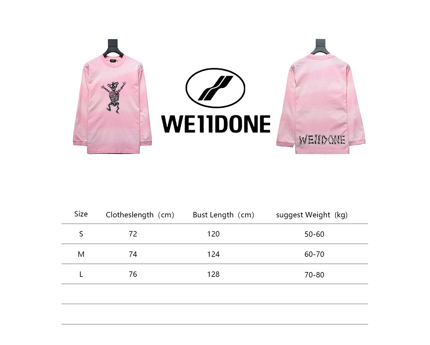 We11 Done 24SS Cute Love Skull Gradient Print Couple Long-Sleeved T-shirt Pink