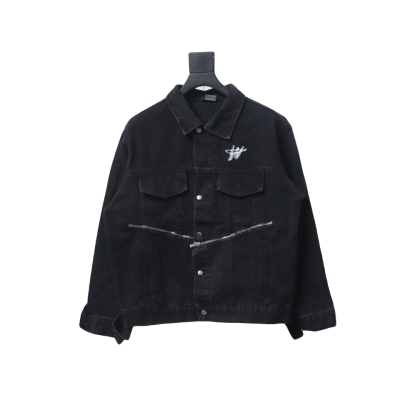 We11 Done 24ss Printed Diagonal Zip Washed Denim Jacket Black 01