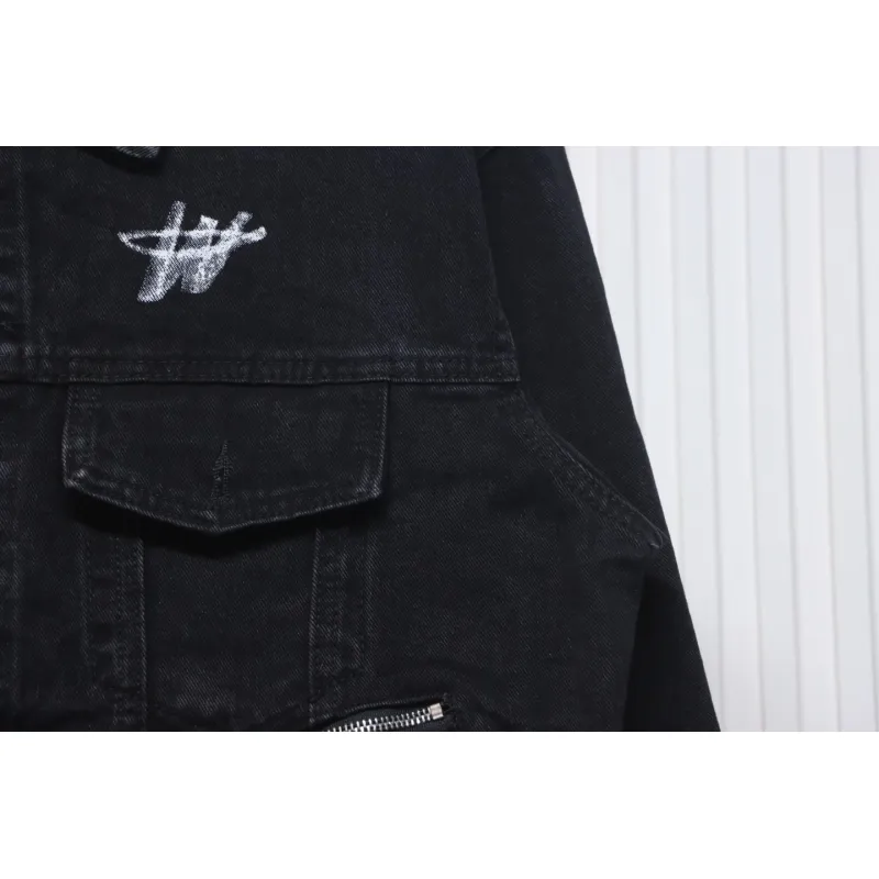 We11 Done 24ss Printed Diagonal Zip Washed Denim Jacket Black