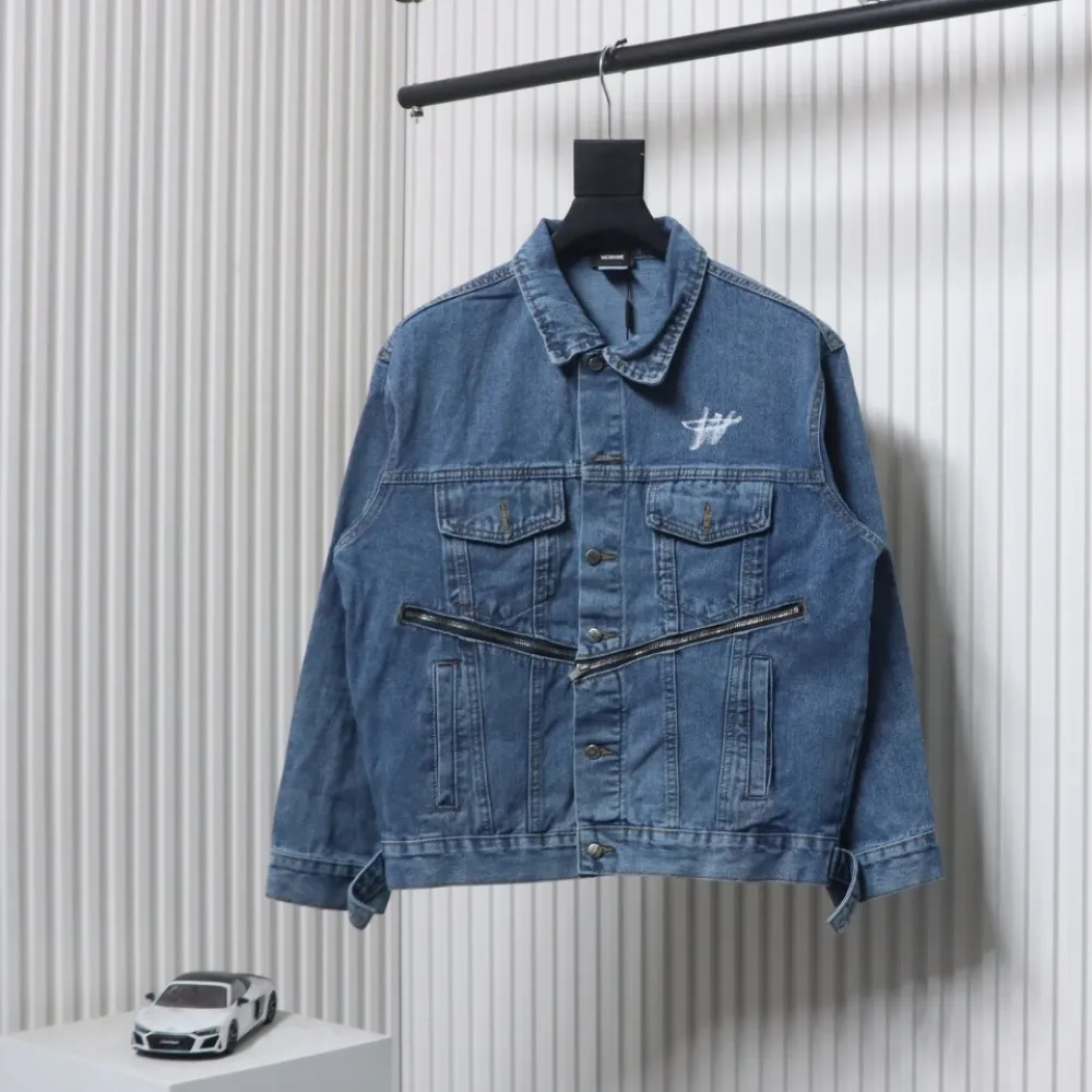 We11 Done 24ss Printed Diagonal Zip Washed Denim Jacket Blue