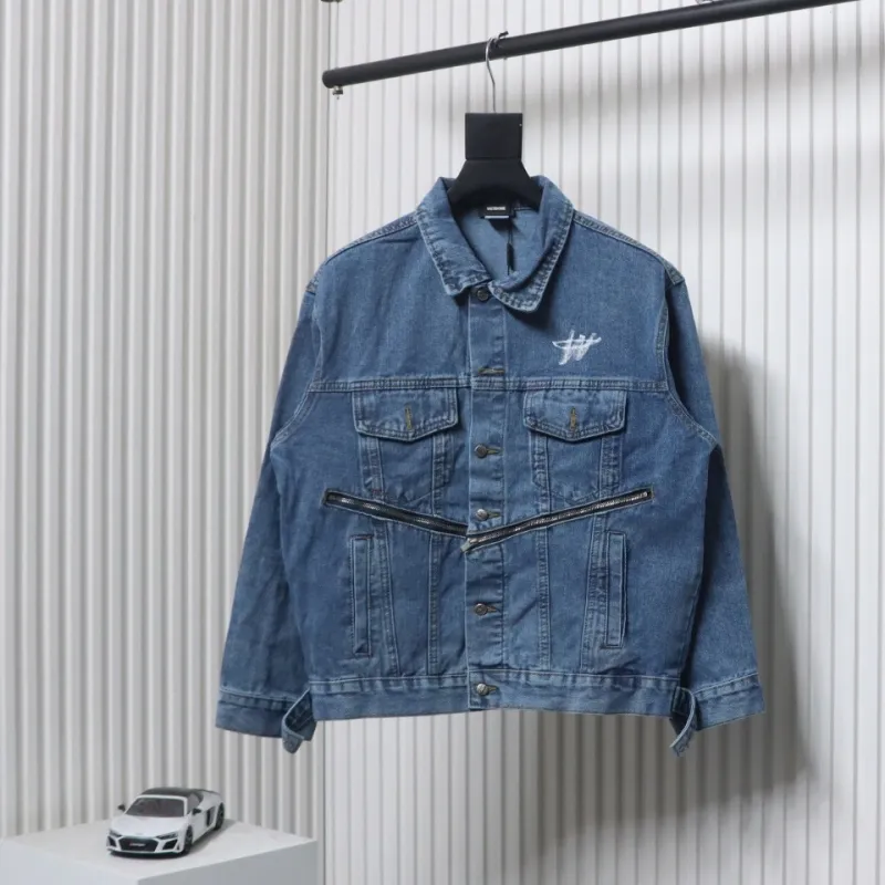 We11 Done 24ss Printed Diagonal Zip Washed Denim Jacket Blue