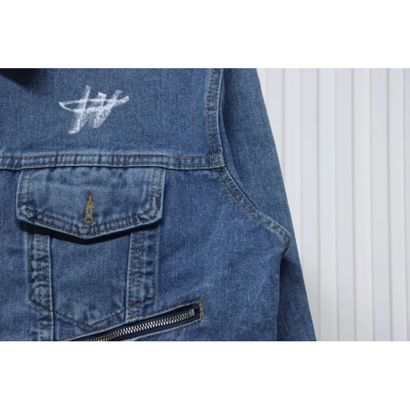 We11 Done 24ss Printed Diagonal Zip Washed Denim Jacket Blue