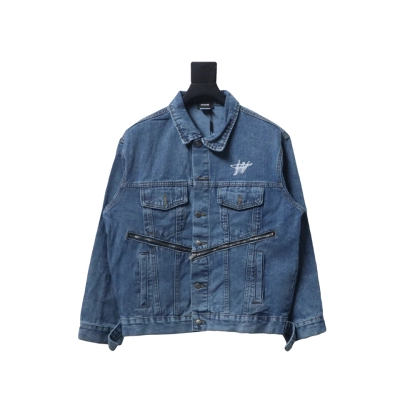 We11 Done 24ss Printed Diagonal Zip Washed Denim Jacket Blue 01
