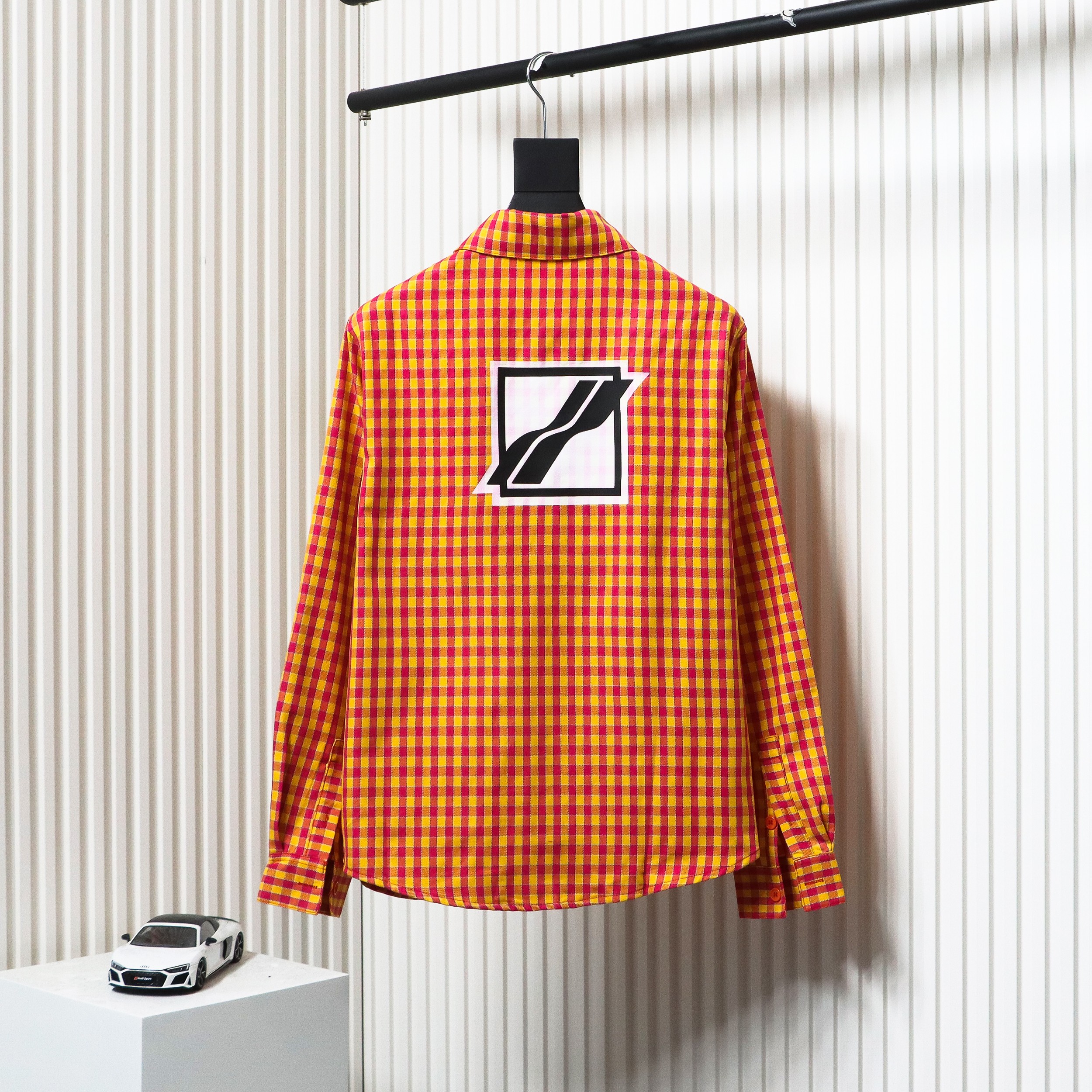 We11 Done American Retro Leather Badge Yellow Plaid Unisex Long Sleeve Orange