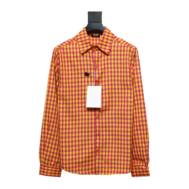 We11 Done American Retro Leather Badge Yellow Plaid Unisex Long Sleeve Orange