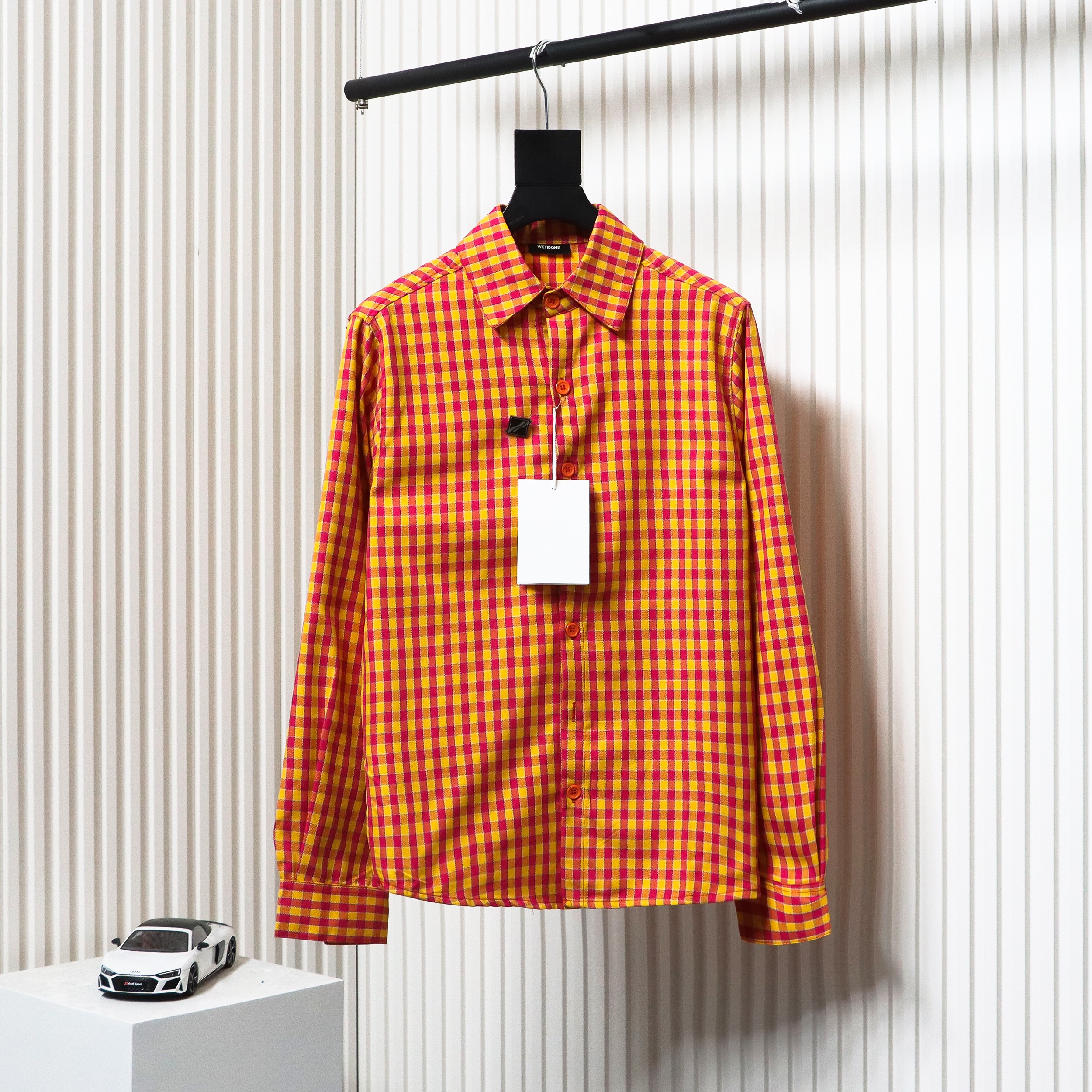 We11 Done American Retro Leather Badge Yellow Plaid Unisex Long Sleeve Orange