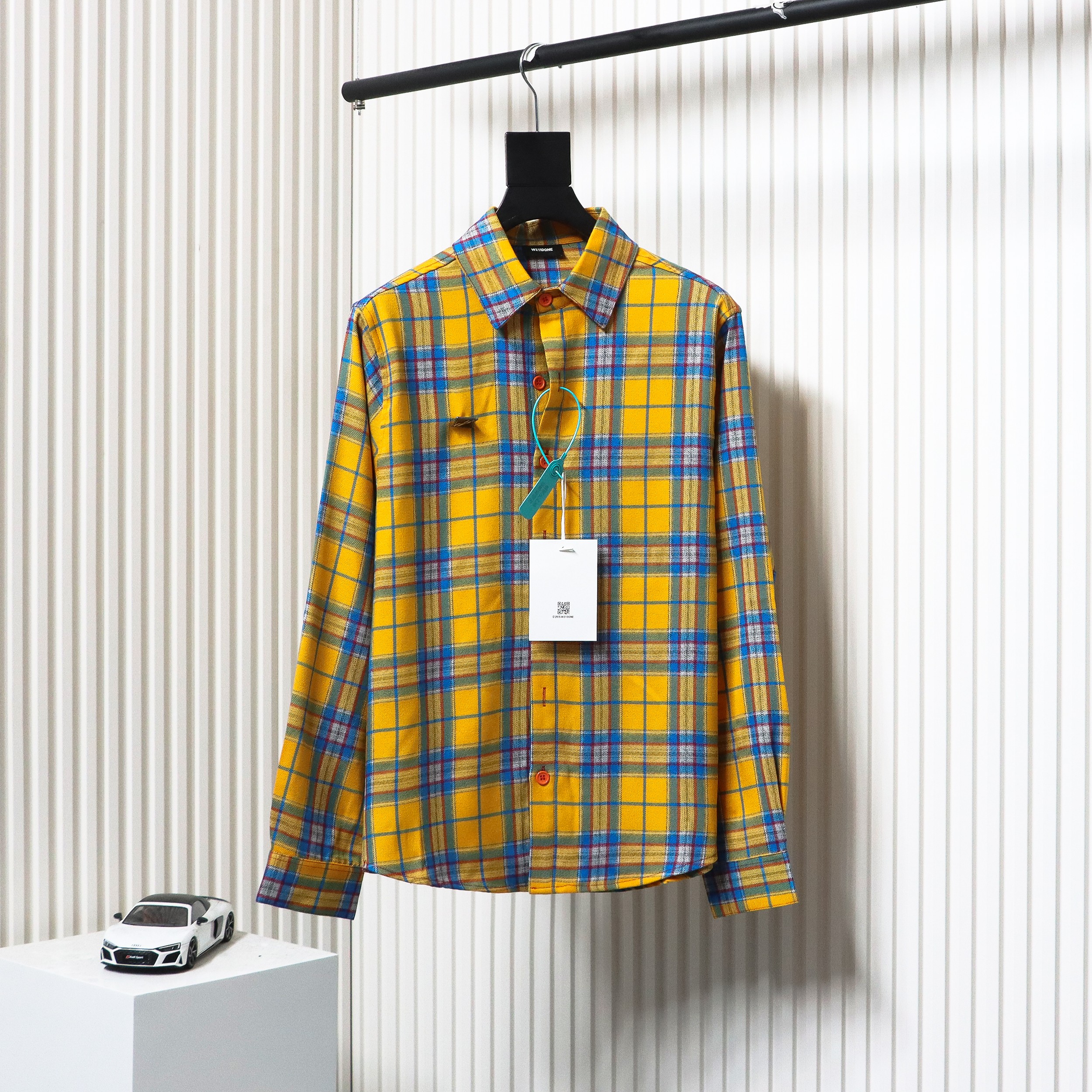 We11 Done American Retro Leather Badge Yellow Plaid Unisex Long Sleeve Yellow