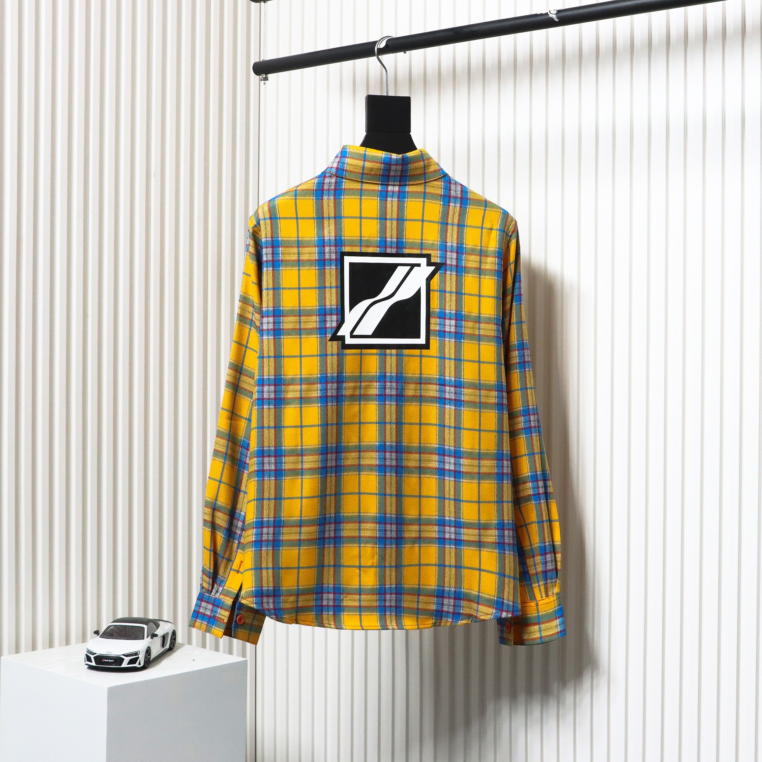 We11 Done American Retro Leather Badge Yellow Plaid Unisex Long Sleeve Yellow