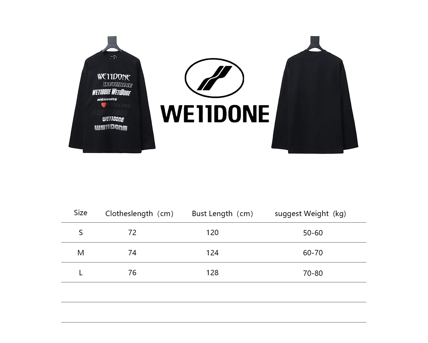 We11 Done Classic Love Barrage Letters 3D Printed Couple Long Sleeve T-shirt Black