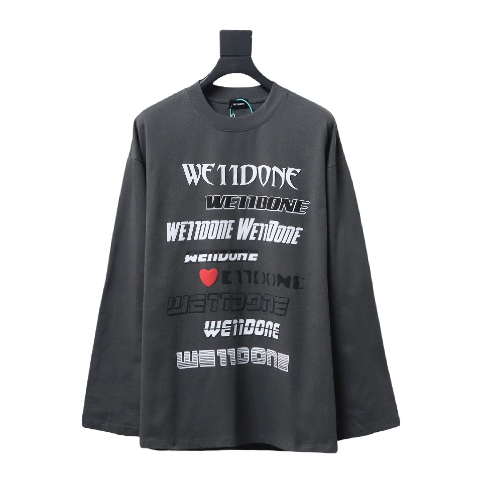 We11 Done Classic Love Barrage Letters 3D Printed Couple Long Sleeve T-shirt Grey