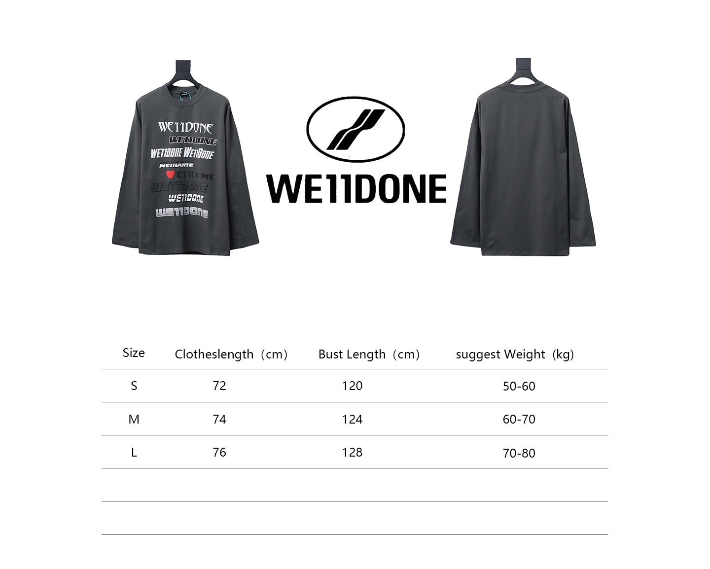 We11 Done Classic Love Barrage Letters 3D Printed Couple Long Sleeve T-shirt Grey