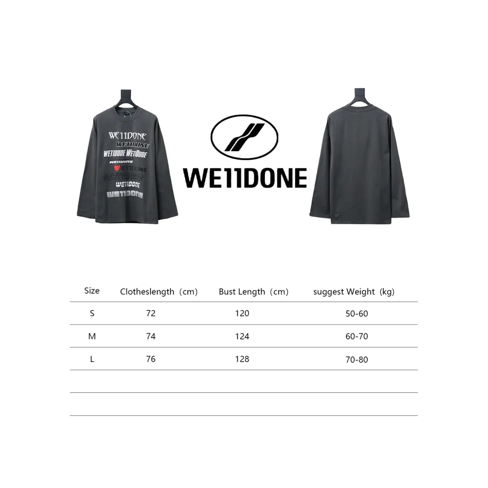 We11 Done Classic Love Barrage Letters 3D Printed Couple Long Sleeve T-shirt Grey
