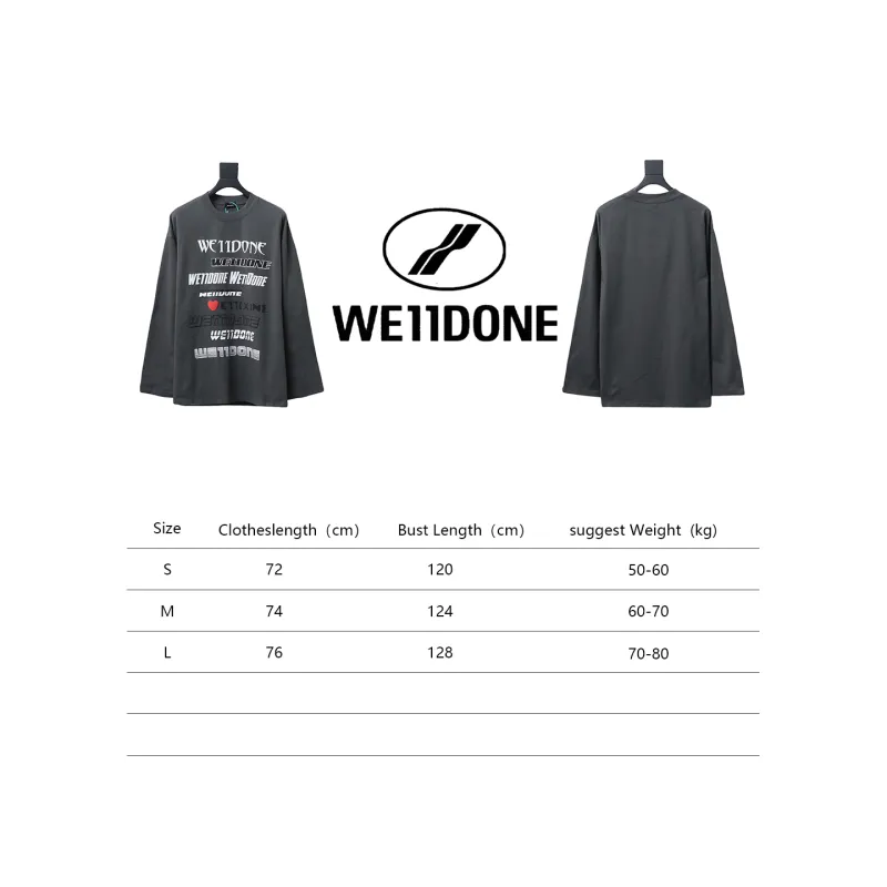 We11 Done Classic Love Barrage Letters 3D Printed Couple Long Sleeve T-shirt Grey