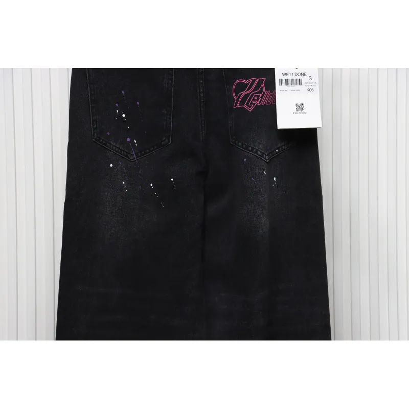 We11 Done Heart Letter Embroidered Ripped Nostalgic Washed Denim Wide Leg Pants