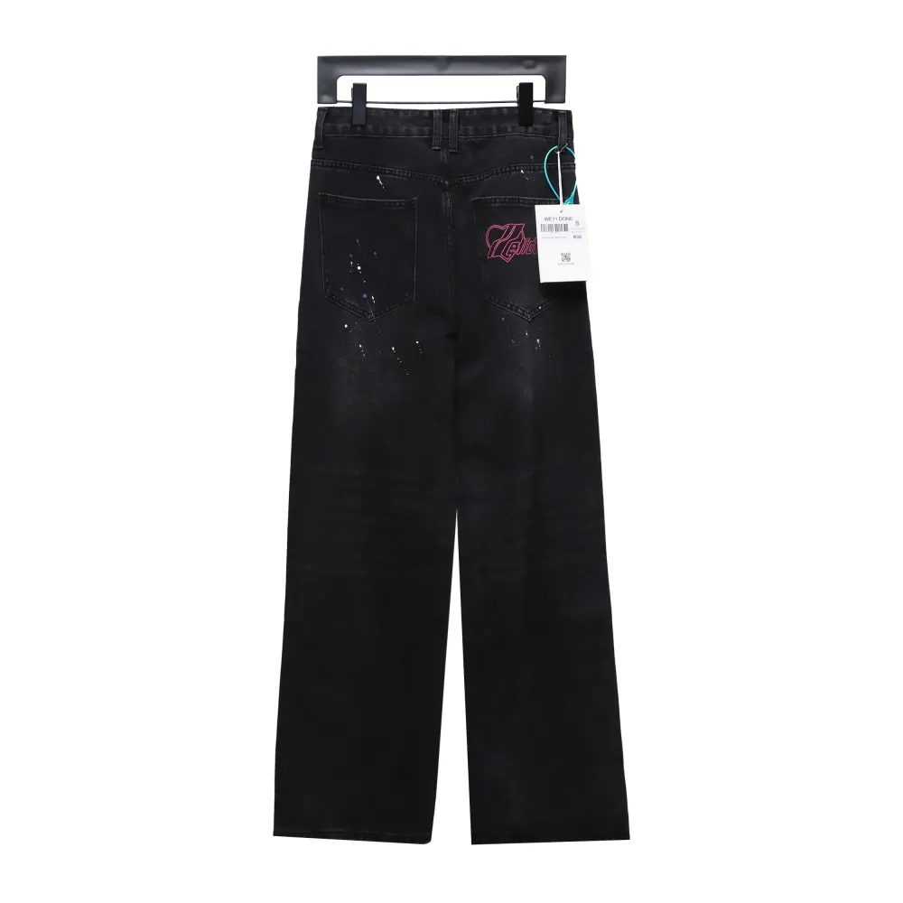 We11 Done Heart Letter Embroidered Ripped Nostalgic Washed Denim Wide Leg Pants