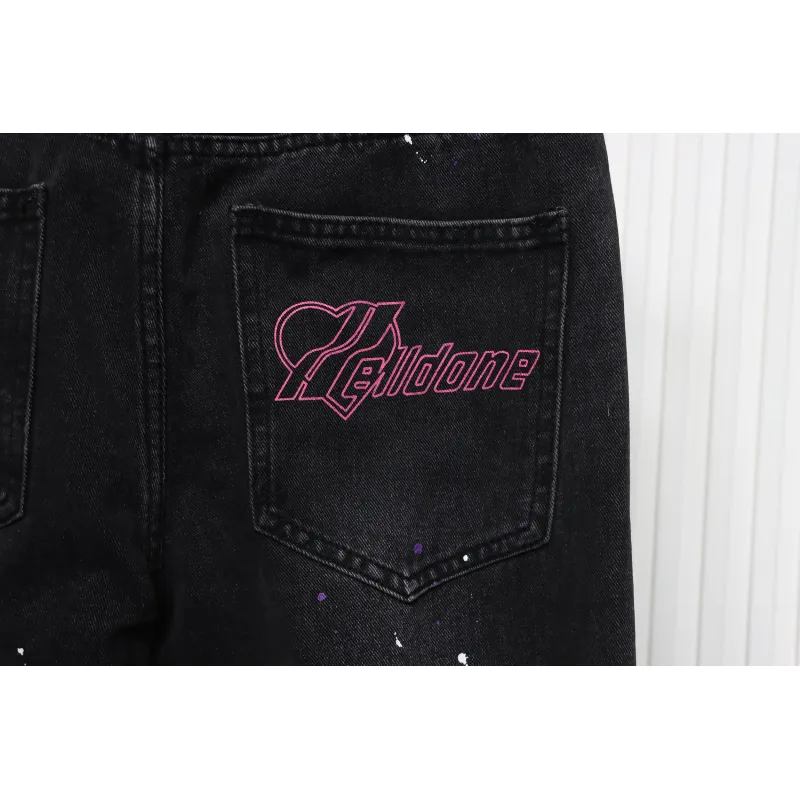 We11 Done Heart Letter Embroidered Ripped Nostalgic Washed Denim Wide Leg Pants