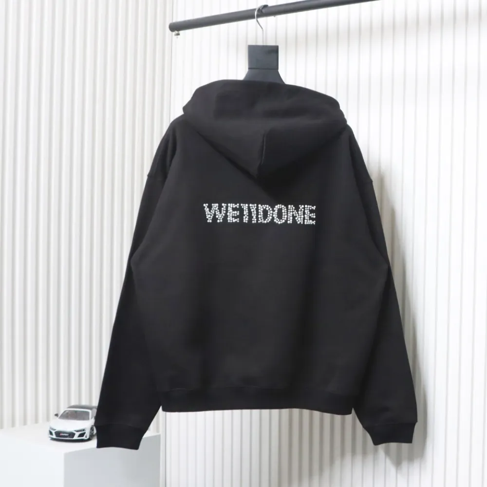We11 Done New Ivory Rhinestone Lettering Hooded Hoodie On The Back