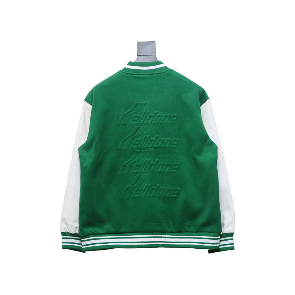 WELL Classic Logo Leather Sleeve Baseball Jacket Green