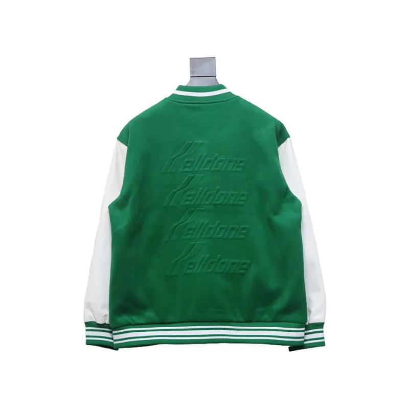 WELL Classic Logo Leather Sleeve Baseball Jacket Green