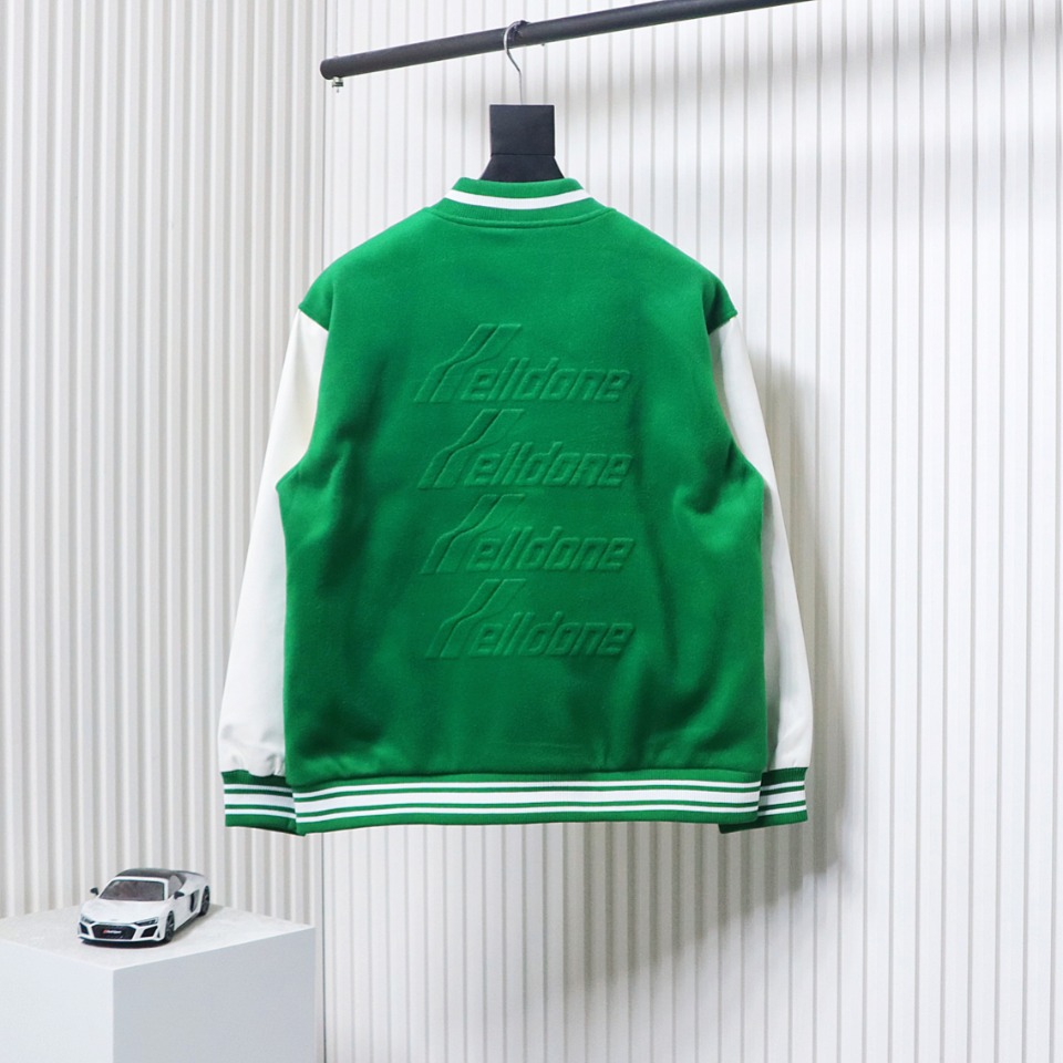 WELL Classic Logo Leather Sleeve Baseball Jacket Green