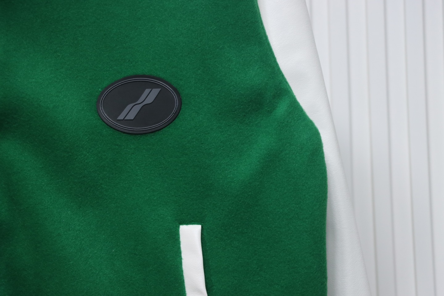WELL Classic Logo Leather Sleeve Baseball Jacket Green