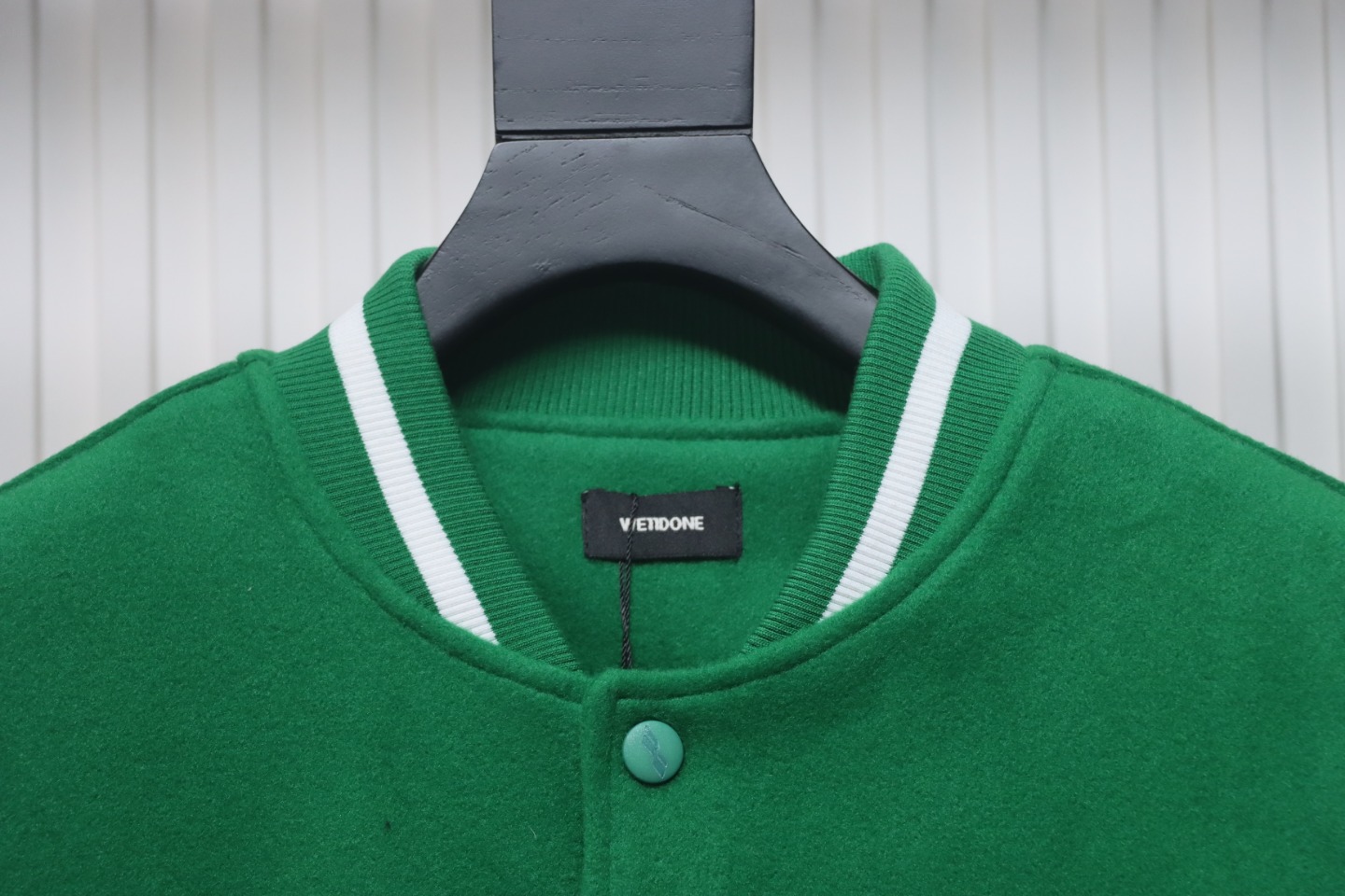 WELL Classic Logo Leather Sleeve Baseball Jacket Green